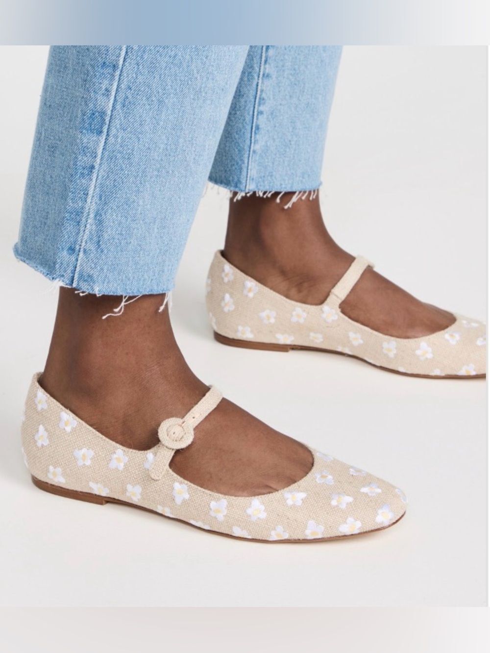 Larroude Beige Floral Mary Jane Flats